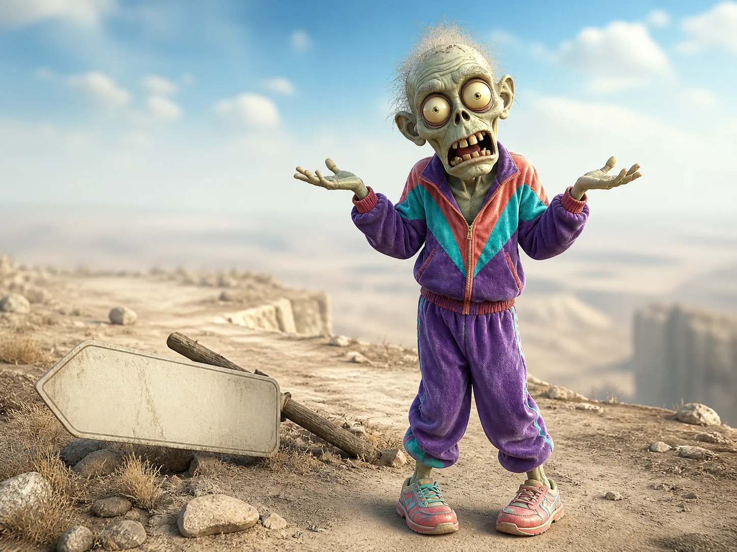 A confused Ad Zombies zombie shrugging with both palms up on an empty dirt road that dead-ends at a cliff, next to a fallen, blank signpost