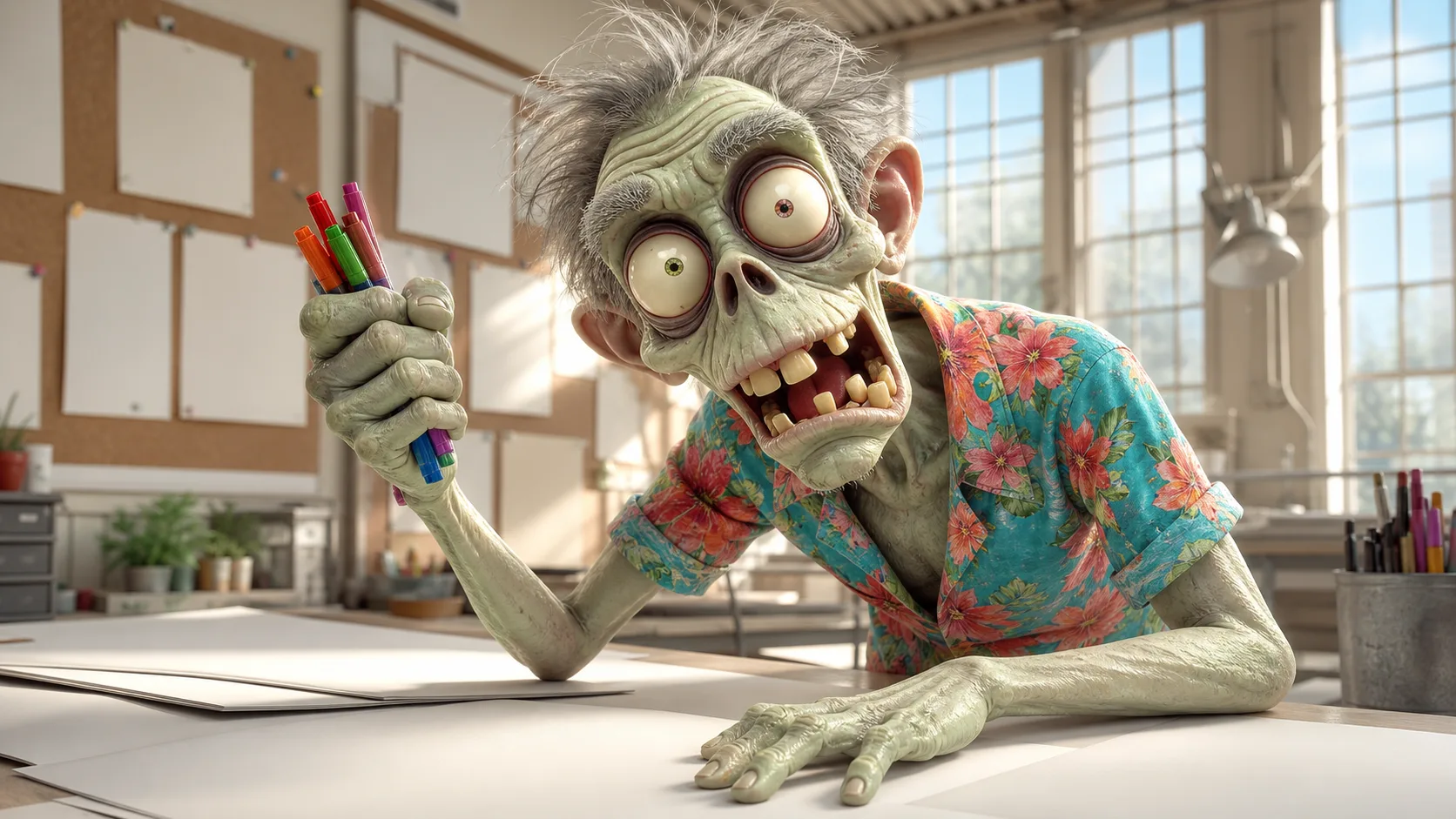 A zombie writer at a laptop late at night, mid-keystroke on the breakthrough Facebook group reply that started Ad Zombies