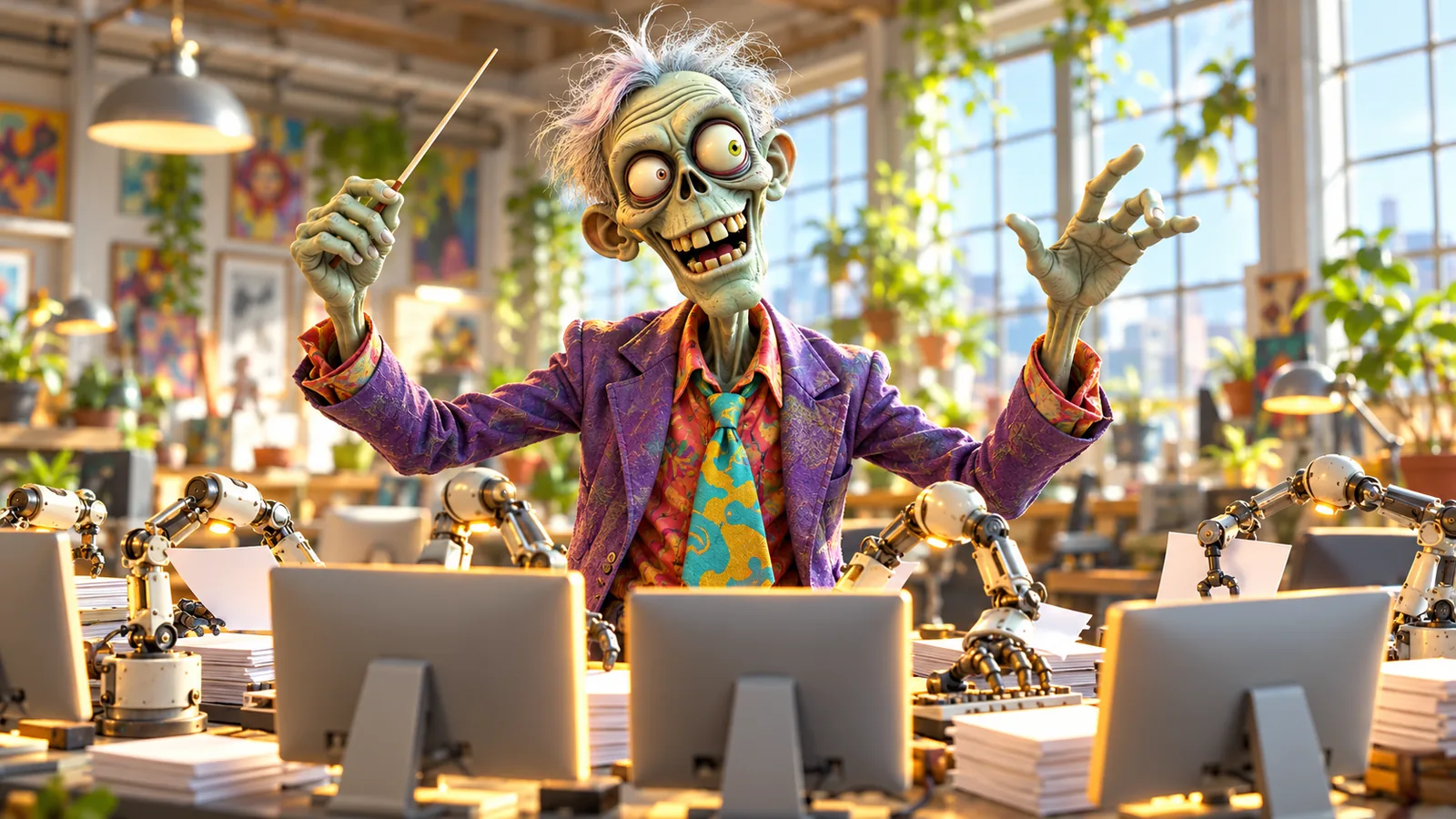 A zombie executive in a loud suit conducts friendly robot arms and computers in a bright, sunny open-plan studio.