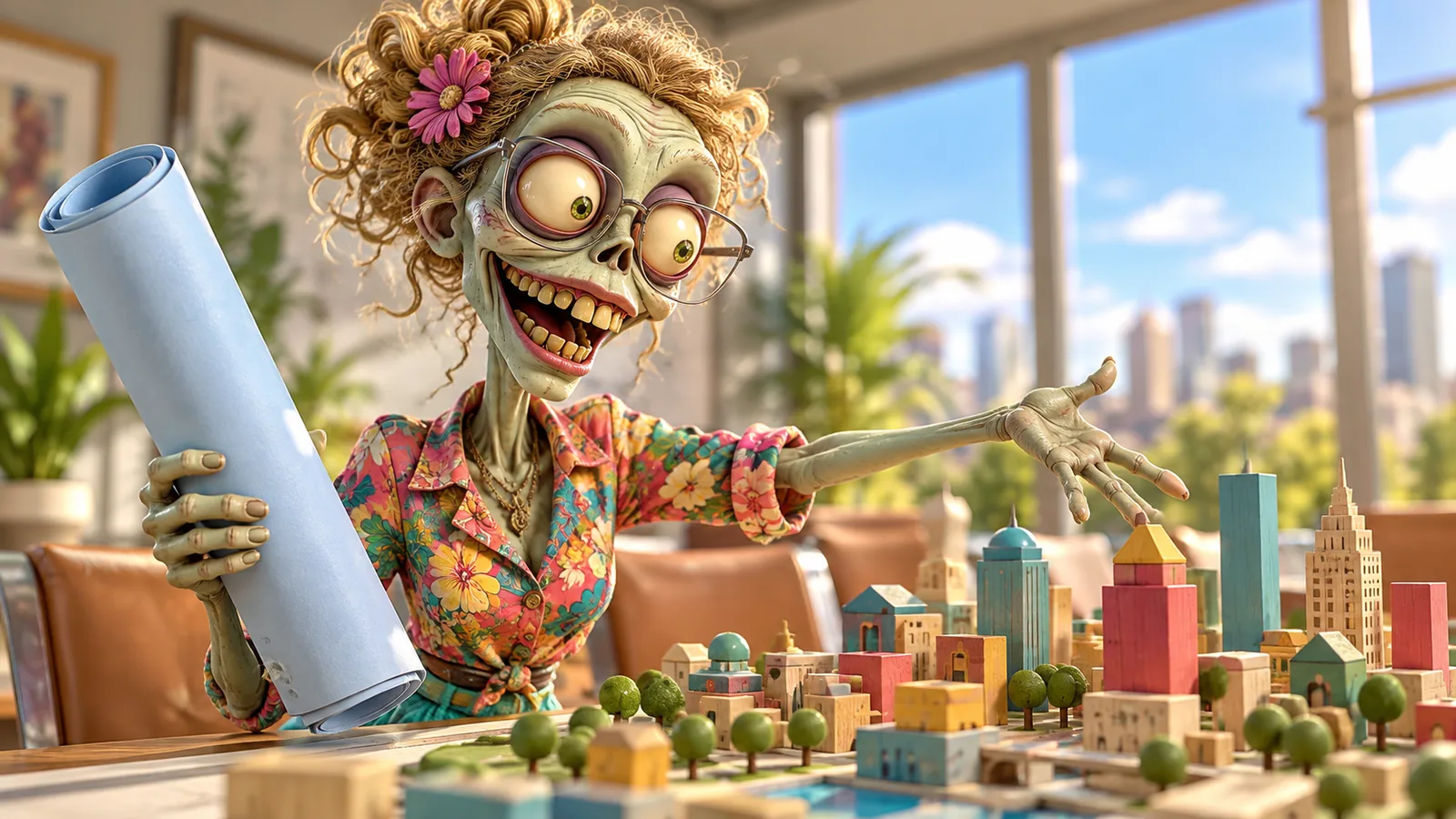 A zombie strategist in a floral shirt holds a rolled blueprint beside a model city of building blocks.