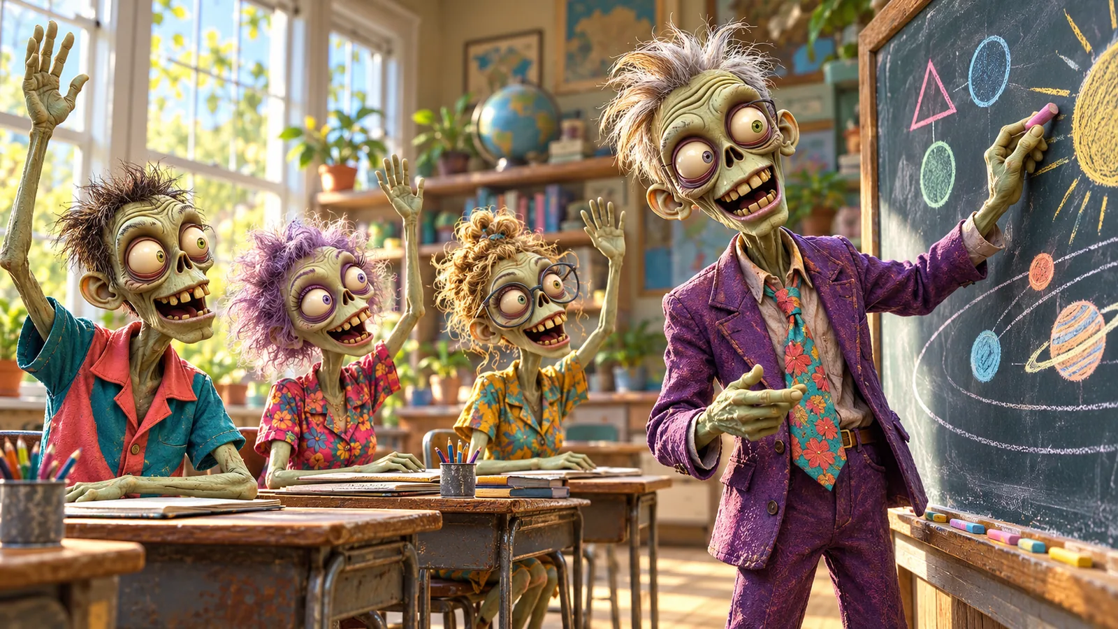 A zombie teacher draws a colorful chalk diagram on a classroom board as zombie students in bright shirts raise their hands.