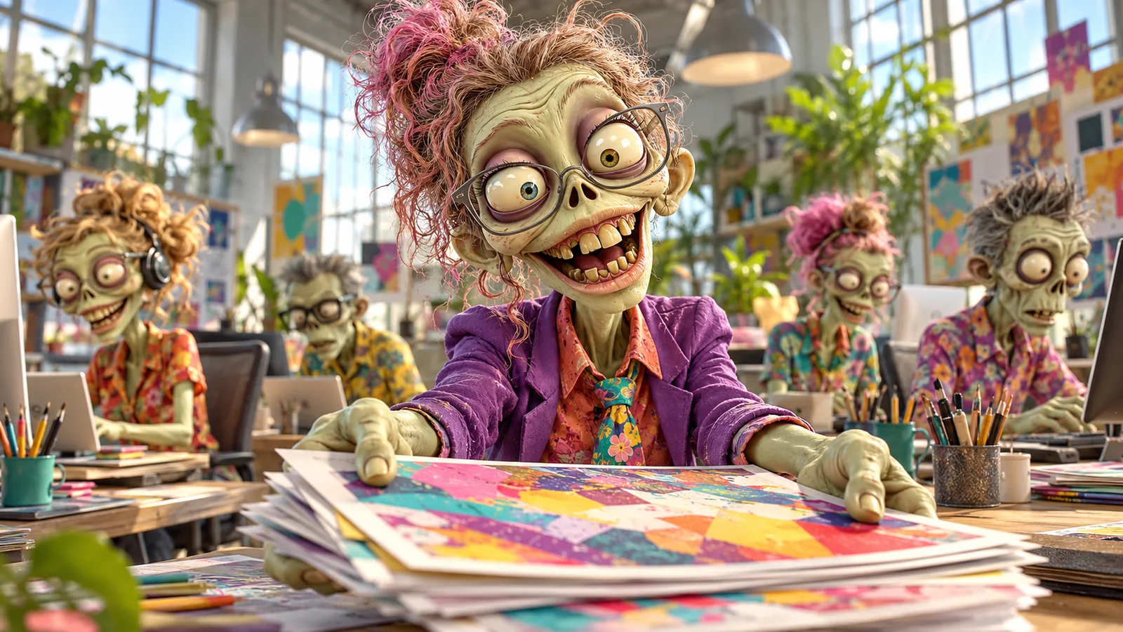 A zombie creative director hands over a stack of finished work while her zombie crew works at desks behind her.