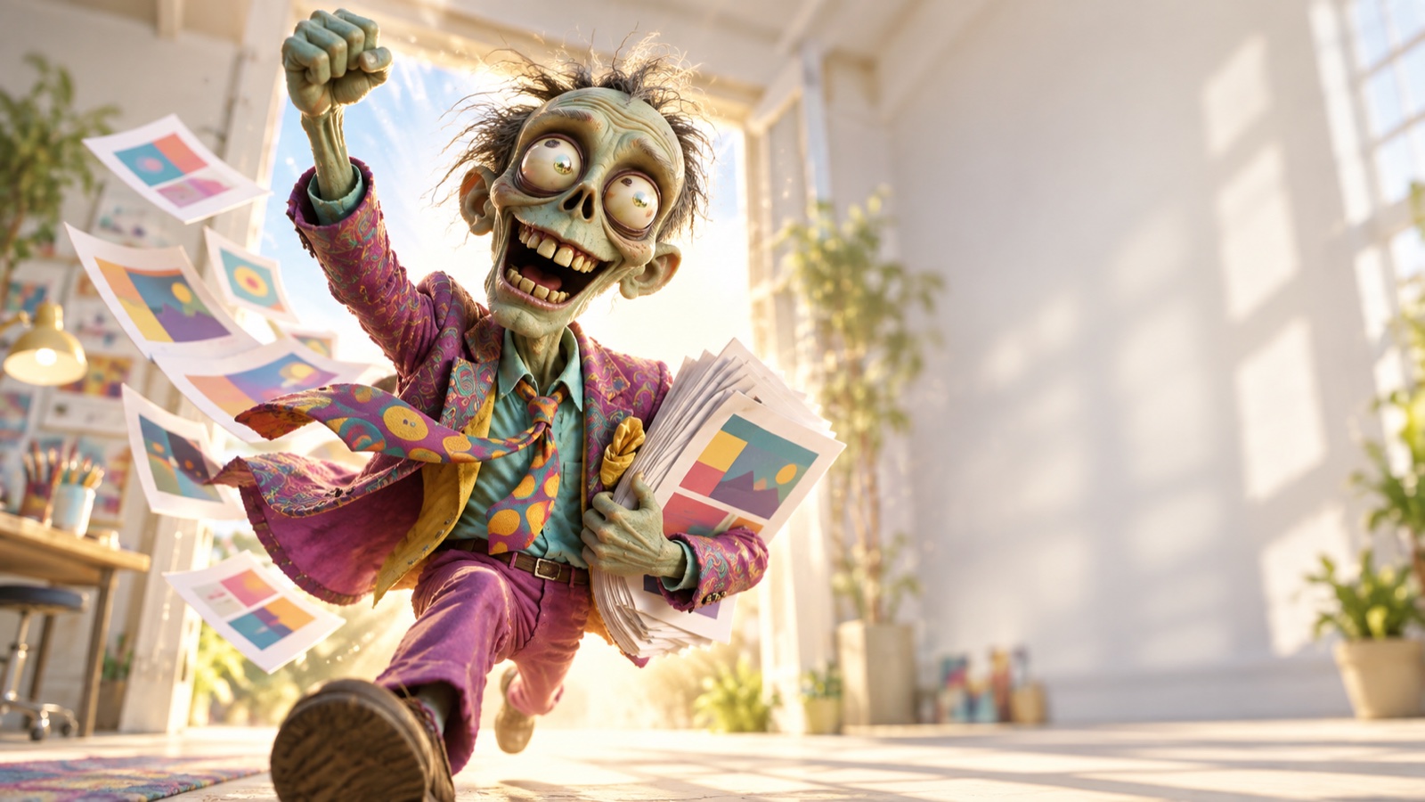 An Ad Zombies zombie ad maker bursting forward mid-stride with a fist in the air, finished ad layouts fanning out behind him