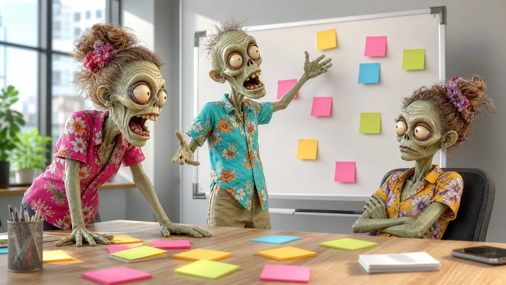 Three Ad Zombies zombies mid-brainstorm around a sunlit meeting table — one at the whiteboard gesturing, one leaning in arguing a point, one sitting back with an eyebrow raised