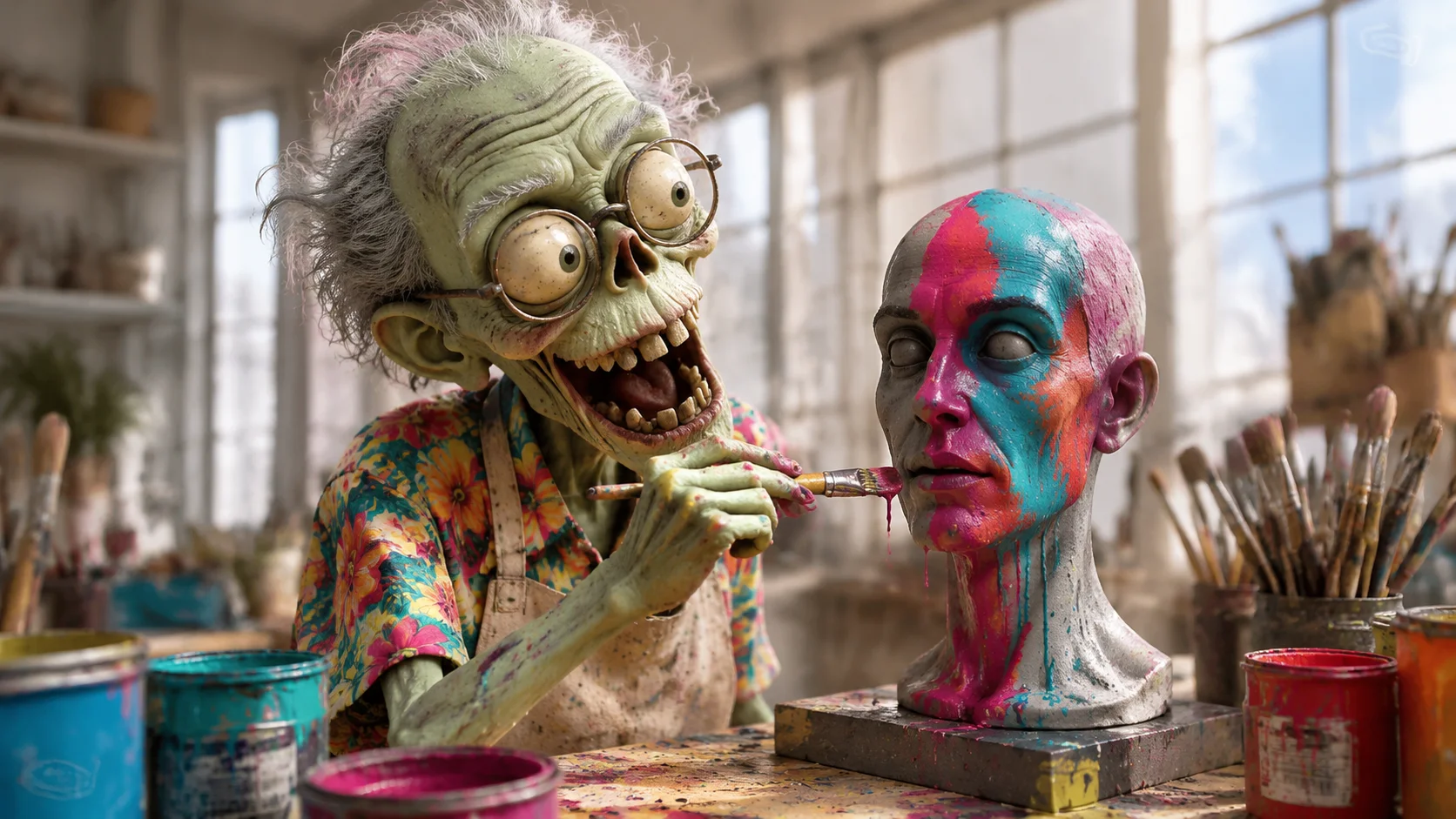 An Ad Zombies zombie artist in a paint-spattered apron and floral shirt, repainting a plain gray plaster bust in bright magenta and teal — a dead brand getting its color back