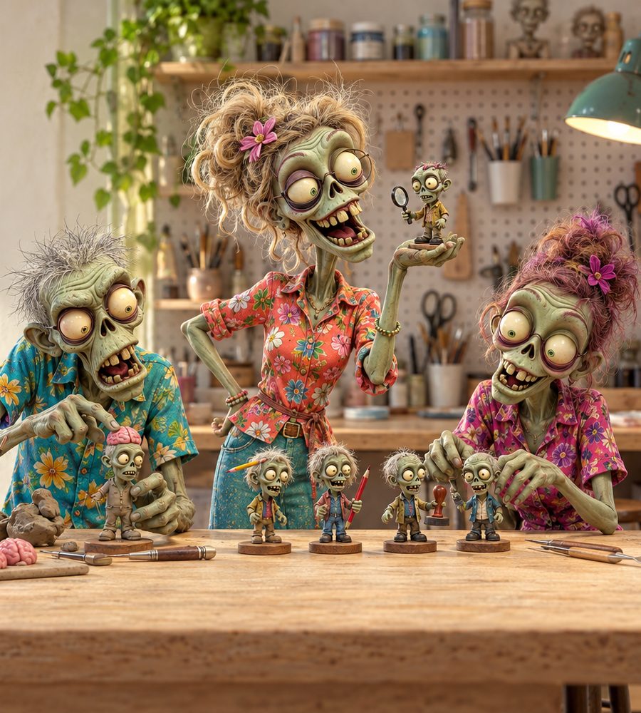 Three zombies in Hawaiian shirts stand at a sunlit workbench, one holding up a tiny clay zombie figure beside a row of four more.