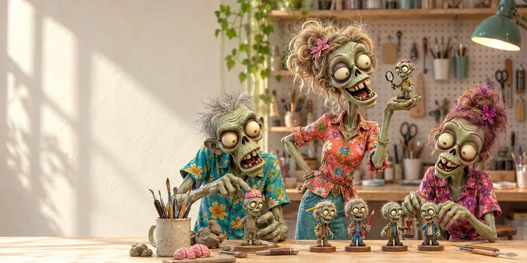 Three cartoon zombies at a workbench, building a team of tiny zombie figures