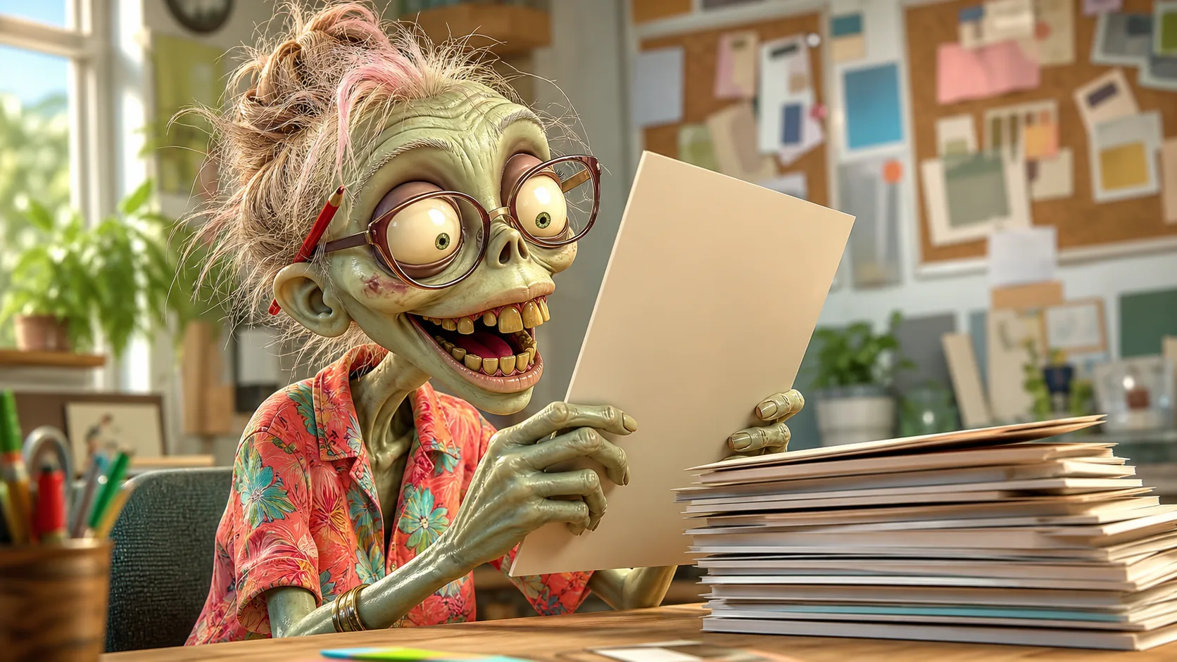 An Ad Zombies zombie creative director delightedly reading through a tall stack of resumes and portfolios at her desk