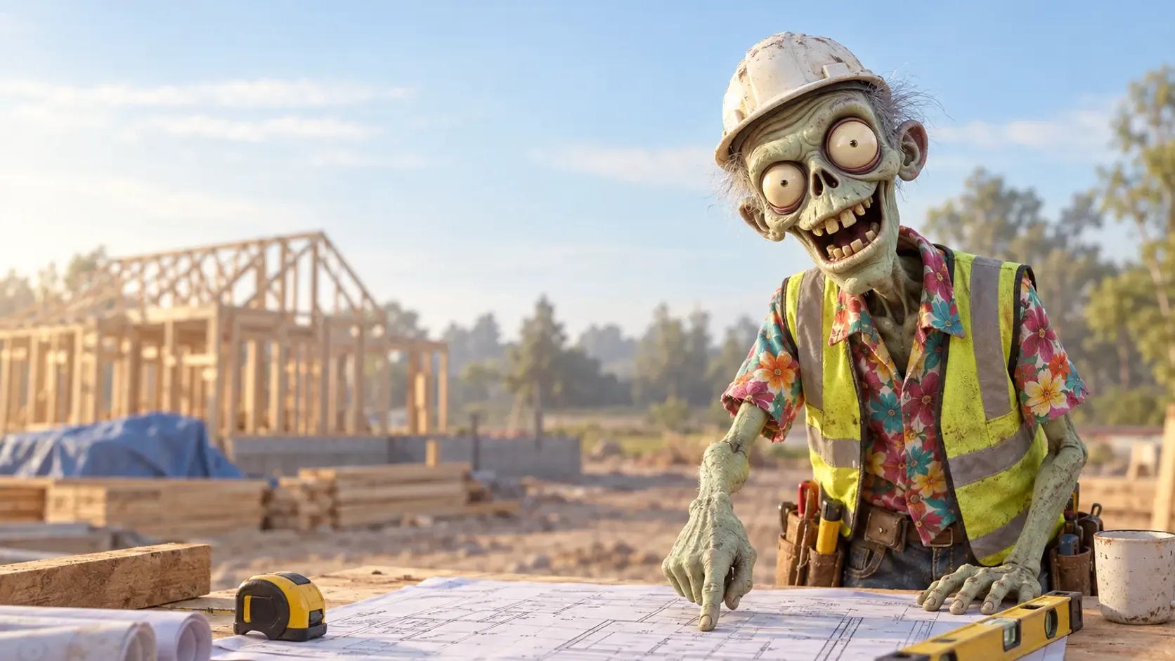 An Ad Zombies zombie site manager in a hard hat and vest tapping a blueprint on a plan table at a framed building site