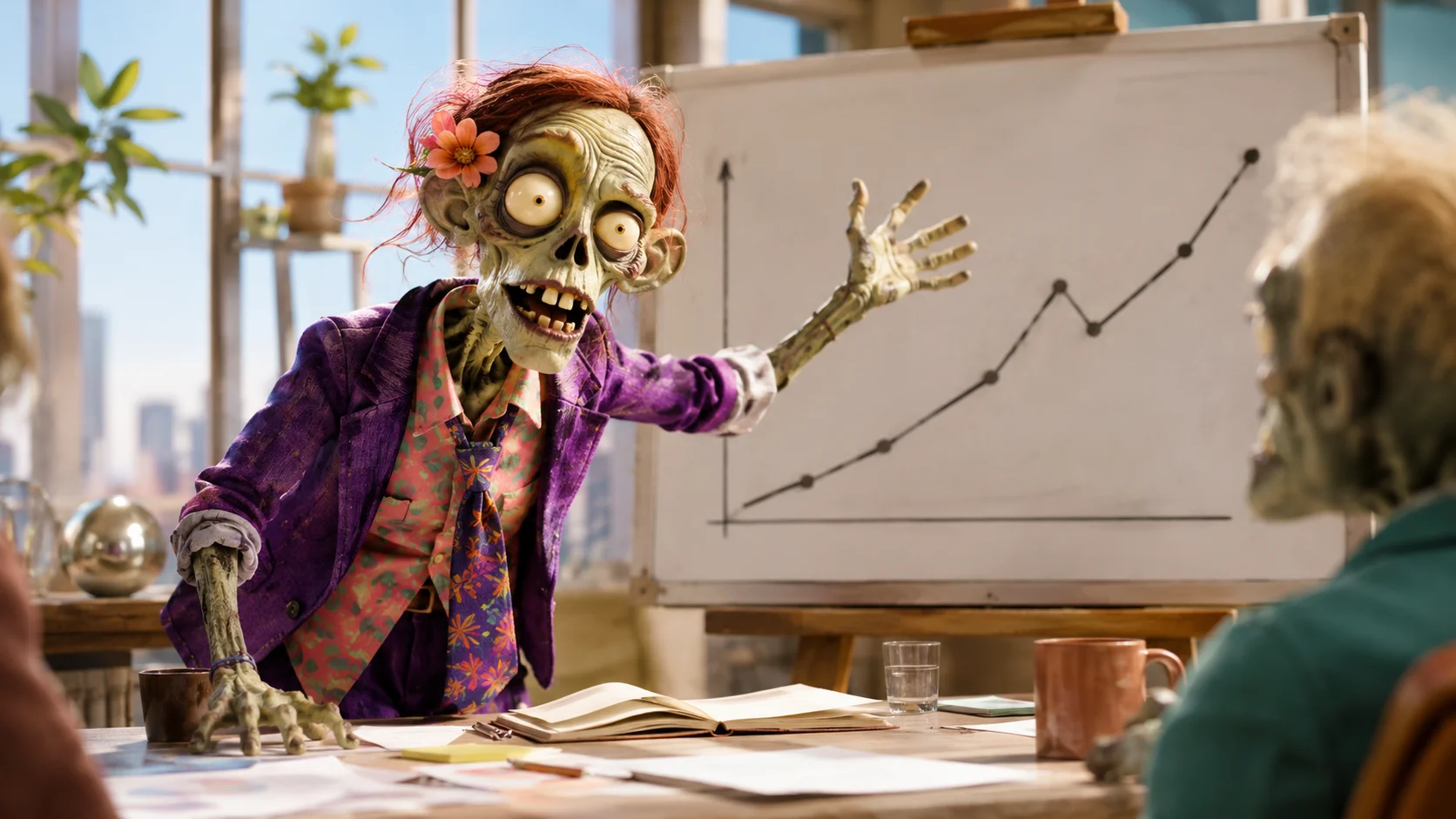 An Ad Zombies zombie strategic advisor at a whiteboard, mid-explanation of a clean growth diagram, radiating calm expert authority