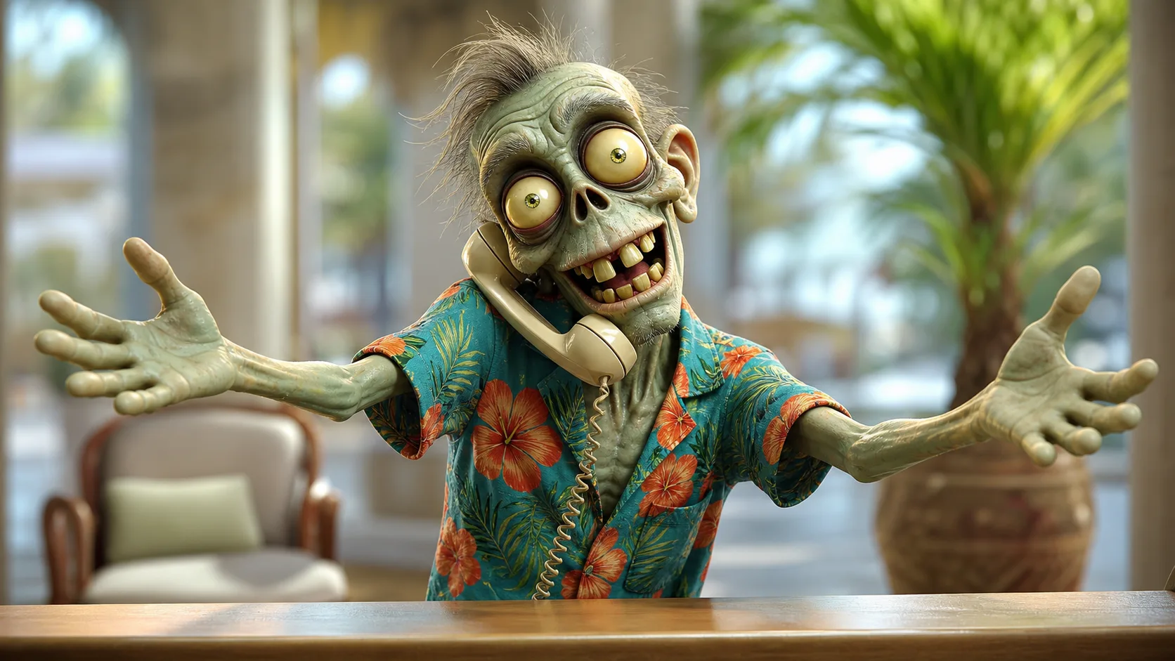 An Ad Zombies zombie receptionist leaning over the desk with arms open wide in welcome, phone held to his ear