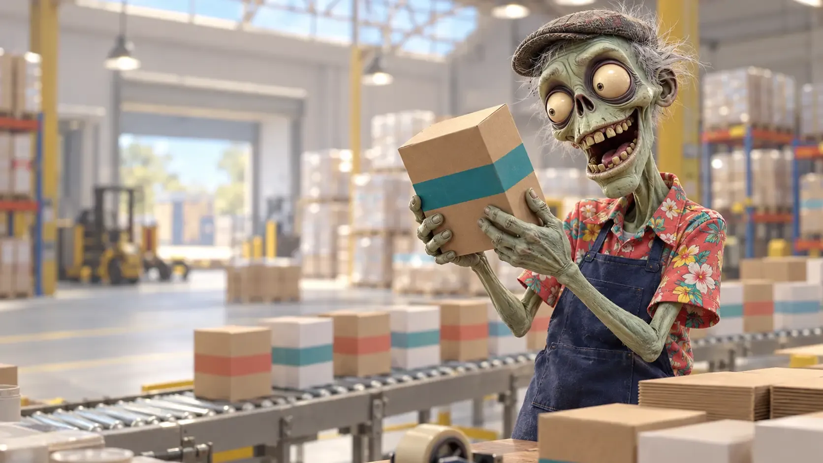 An Ad Zombies zombie packing lead holding up a plain carton beside a conveyor of identical unmarked boxes