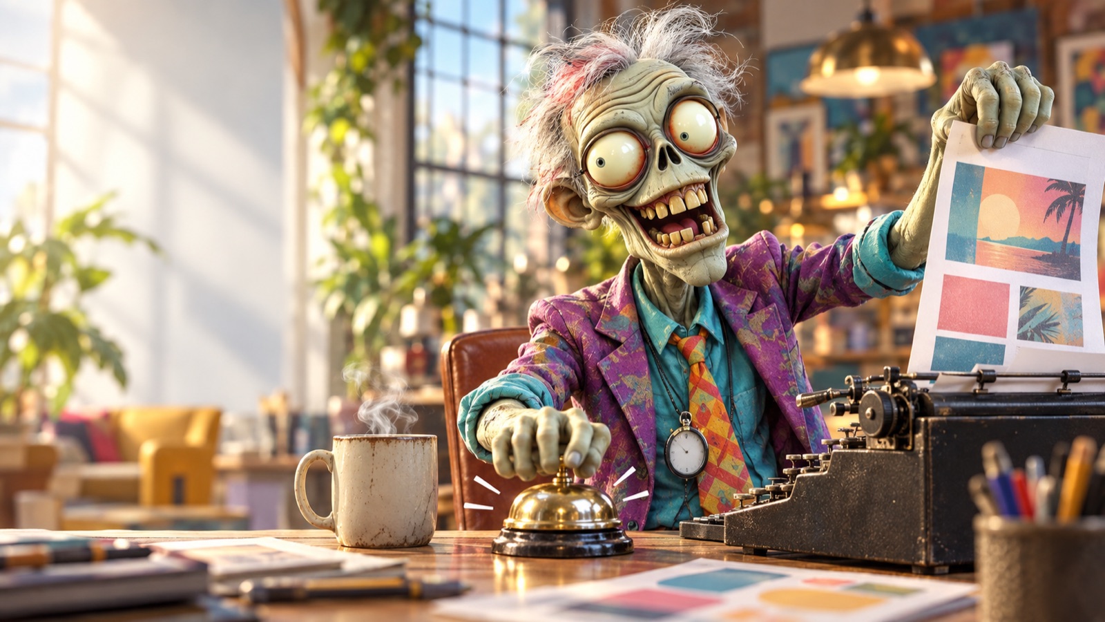An Ad Zombies zombie copywriter grinning as he pulls a finished ad out of a typewriter with one hand and rings a brass desk bell with the other, stopwatch around his neck