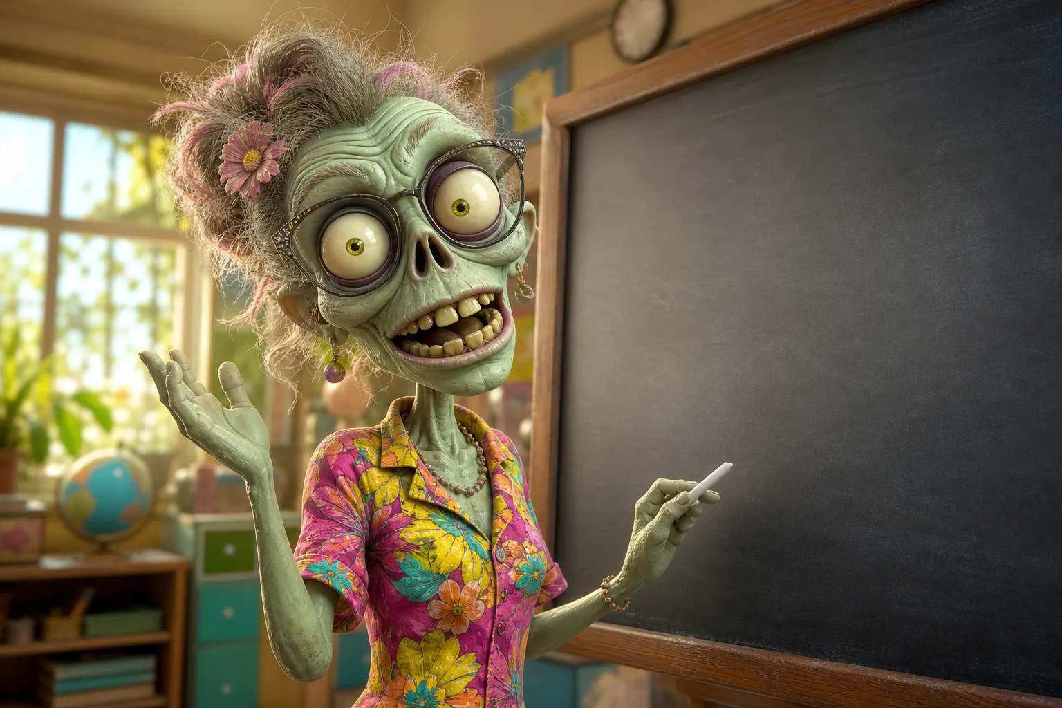 An Ad Zombies zombie teacher standing beside a blank chalkboard, mid-explanation, answering a question