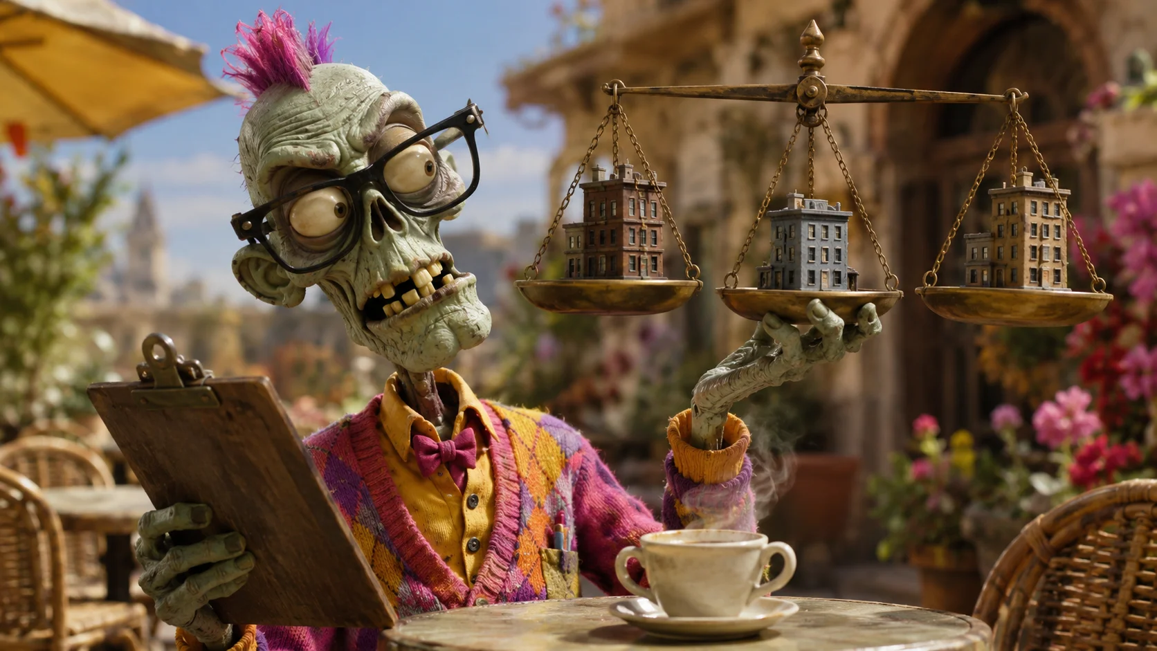 An Ad Zombies zombie skeptically weighing three tiny office buildings on a balance scale, checklist clipboard in hand