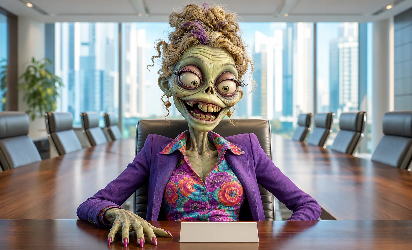 An Ad Zombies zombie executive in a tailored blazer over a floral shirt, sitting in total command at the head of a long empty boardroom table