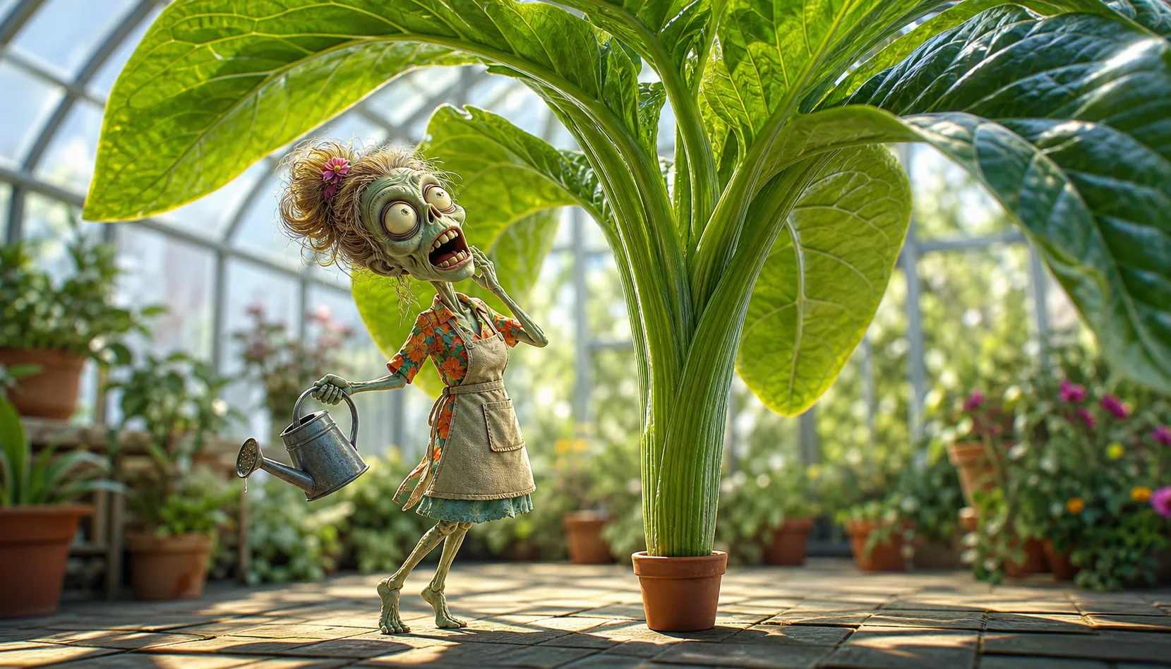 An Ad Zombies zombie gardener in a greenhouse looking up in astonishment at an enormous plant that has exploded out of a comically tiny pot and grown taller than she is