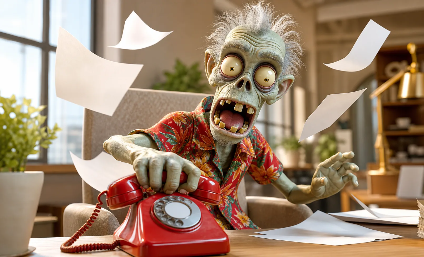 An Ad Zombies zombie slamming a hand down on a ringing red rotary phone, papers flying up in comic urgency
