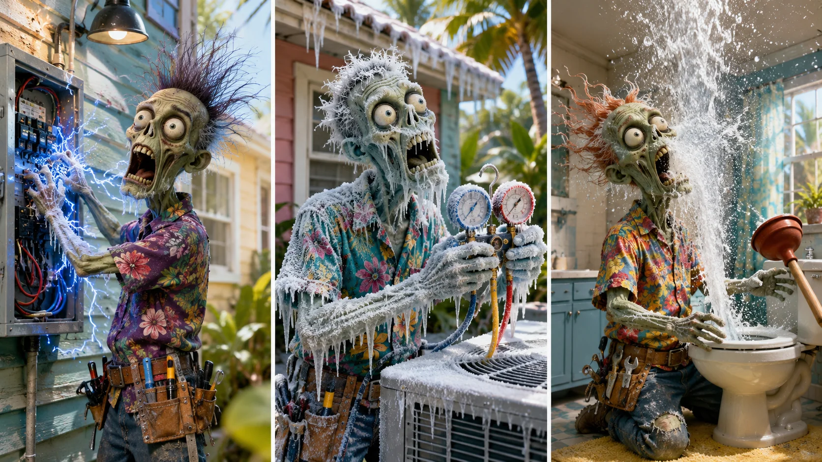 Three Ad Zombies zombie tradesmen having a very bad day — an electrician getting shocked at an open breaker panel, an air conditioning tech frozen solid in icicles at a condenser unit, and a plumber taking a geyser of water in the face from a toilet