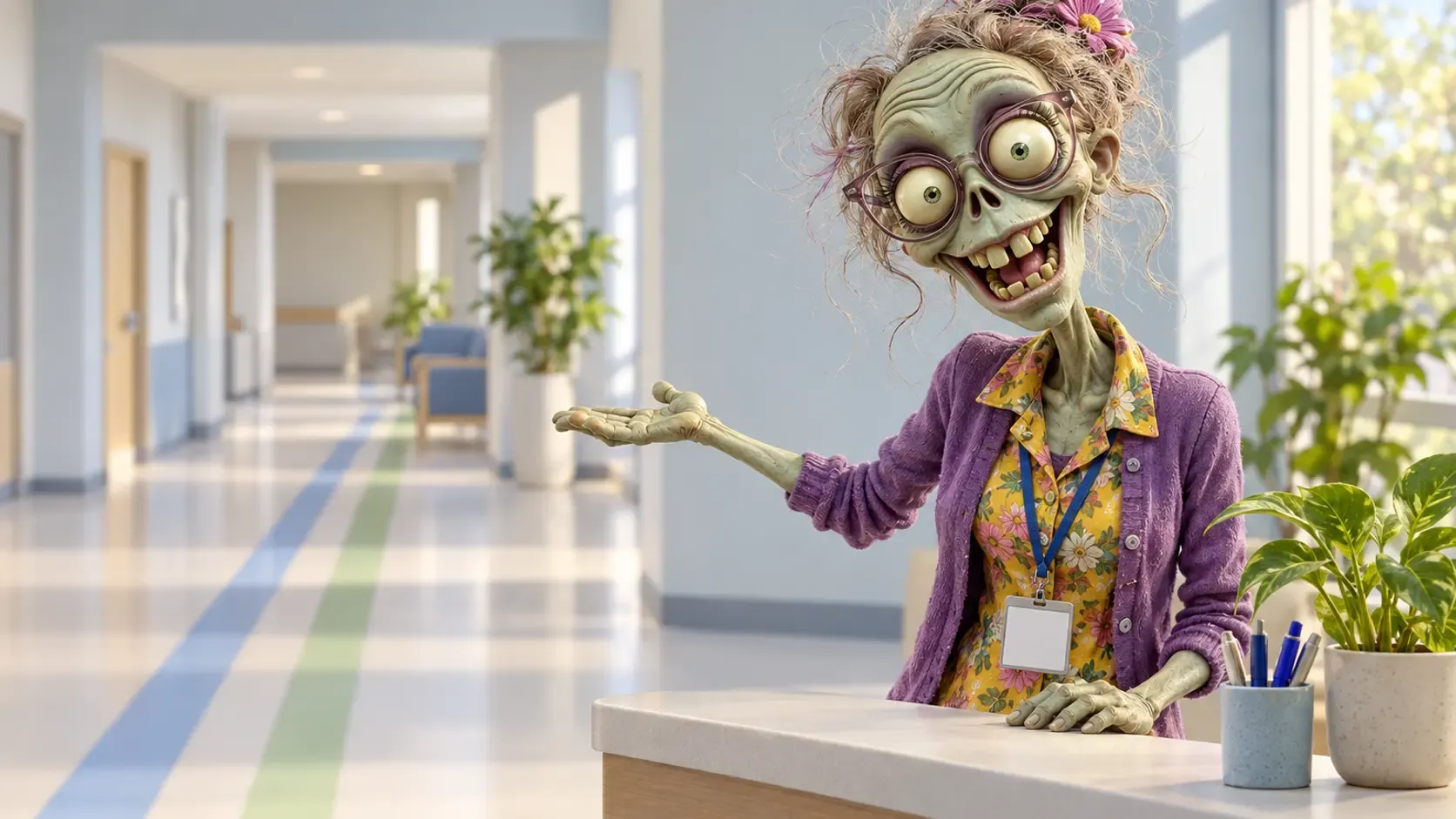 An Ad Zombies zombie at a hospital lobby information desk, one open hand showing the way down a bright corridor