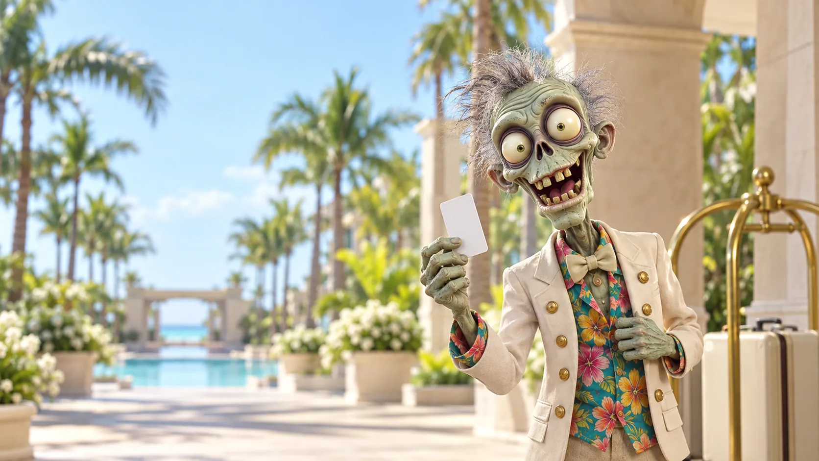 An Ad Zombies zombie bellman holding up a blank key card in front of a luggage cart at a sunny resort entrance