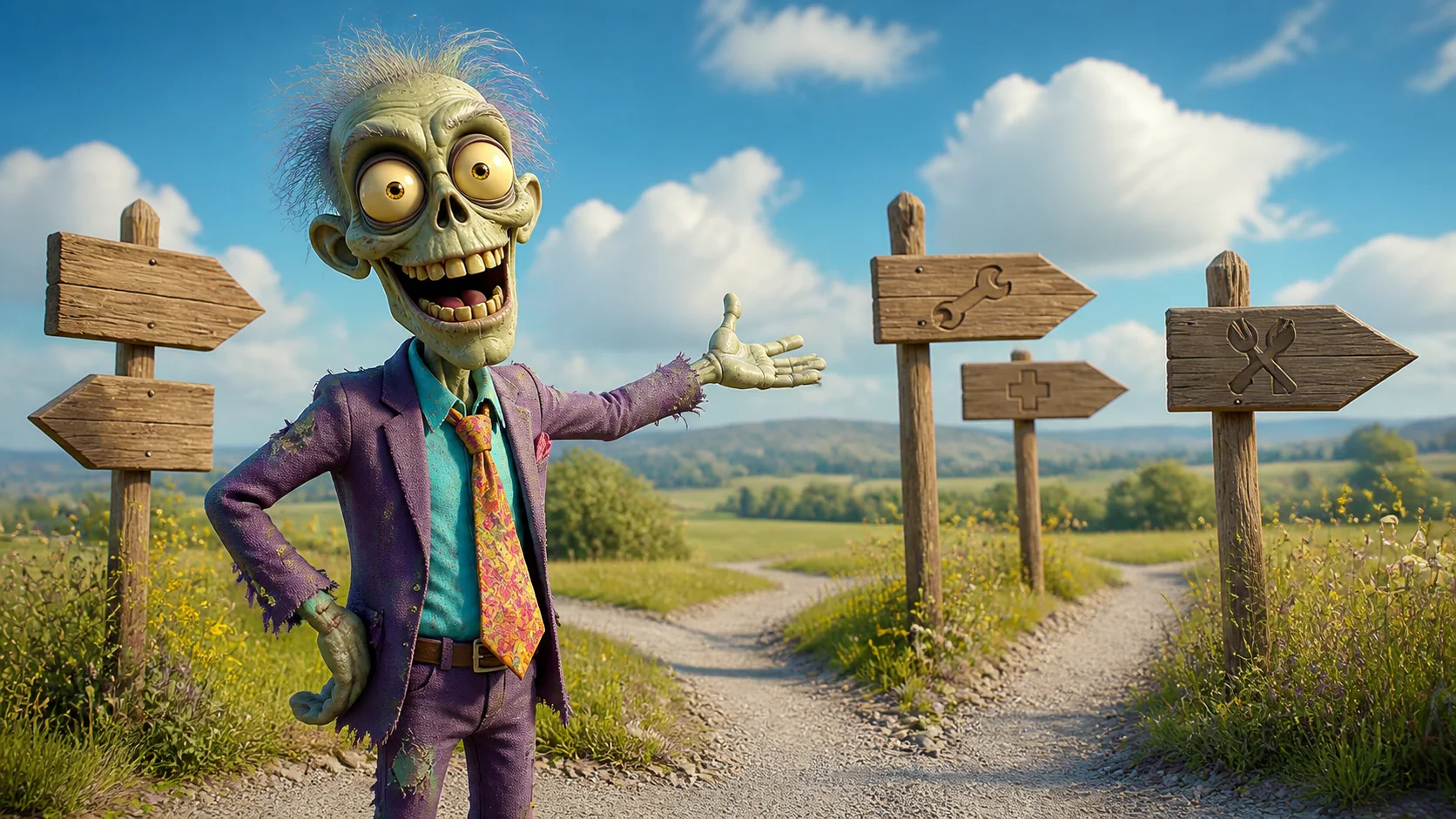 An Ad Zombies zombie standing at a fork in a gravel road, gesturing toward wooden signposts pointing down different paths, each carved with a different trade icon