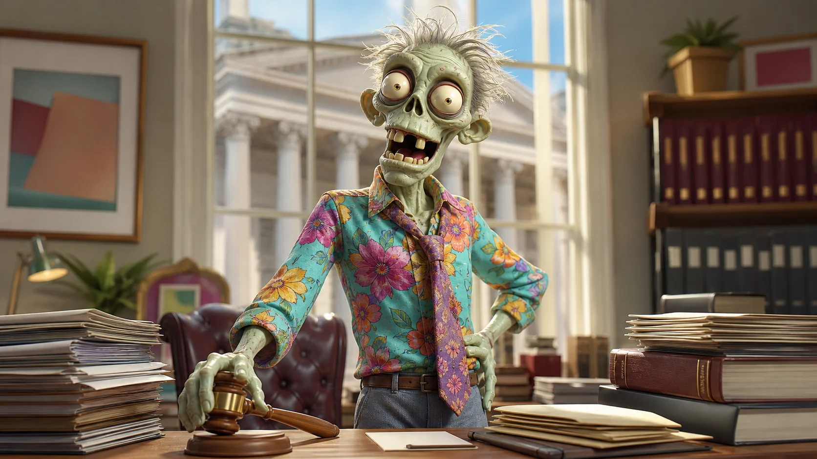 An Ad Zombies zombie attorney standing confidently at a desk stacked with case files and law books, gavel in hand, courthouse columns visible through the window behind him