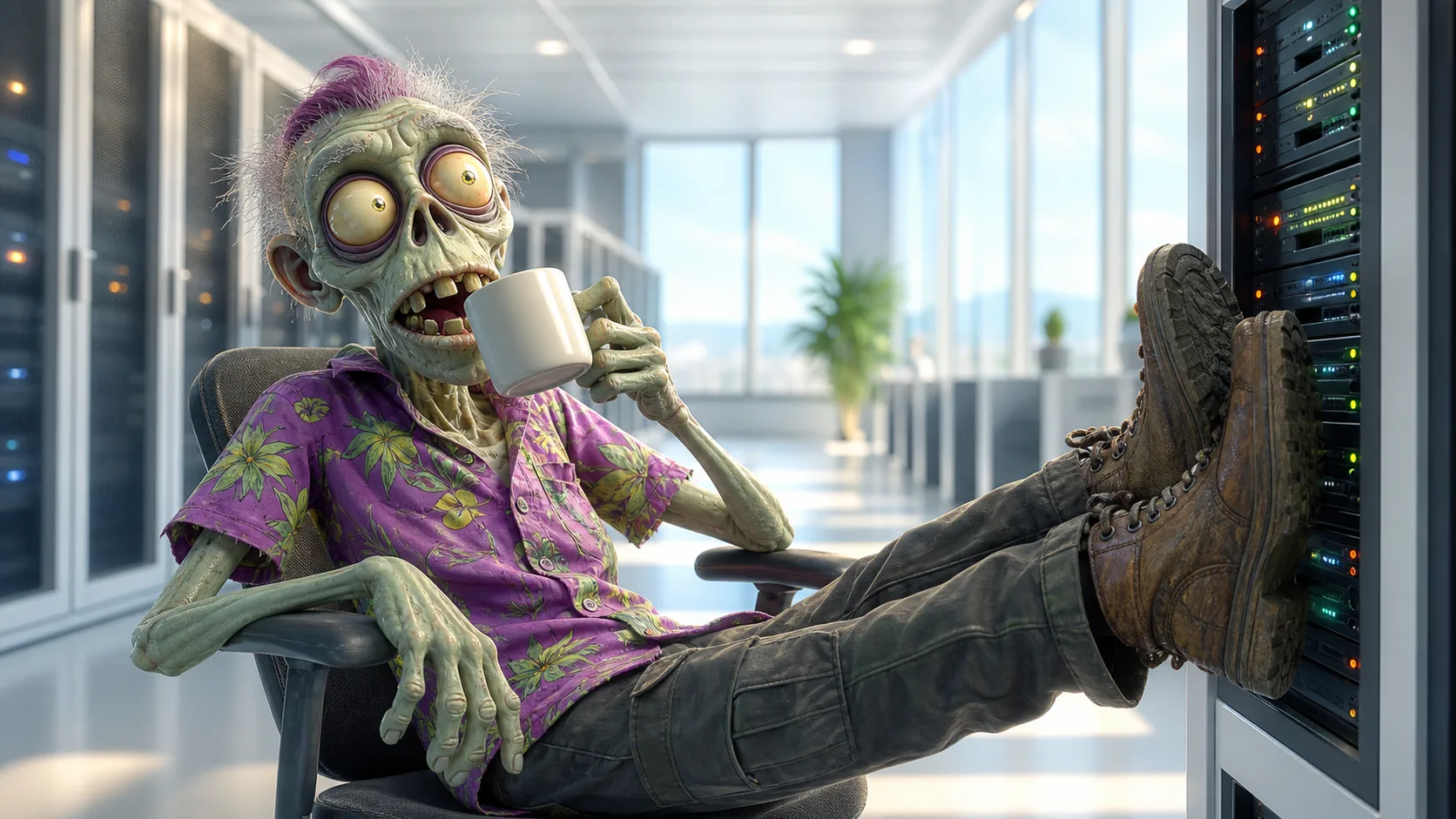 An Ad Zombies zombie systems technician leaned all the way back with his boots up on a server rack, sipping a mug of coffee while tidy rows of equipment hum away behind him