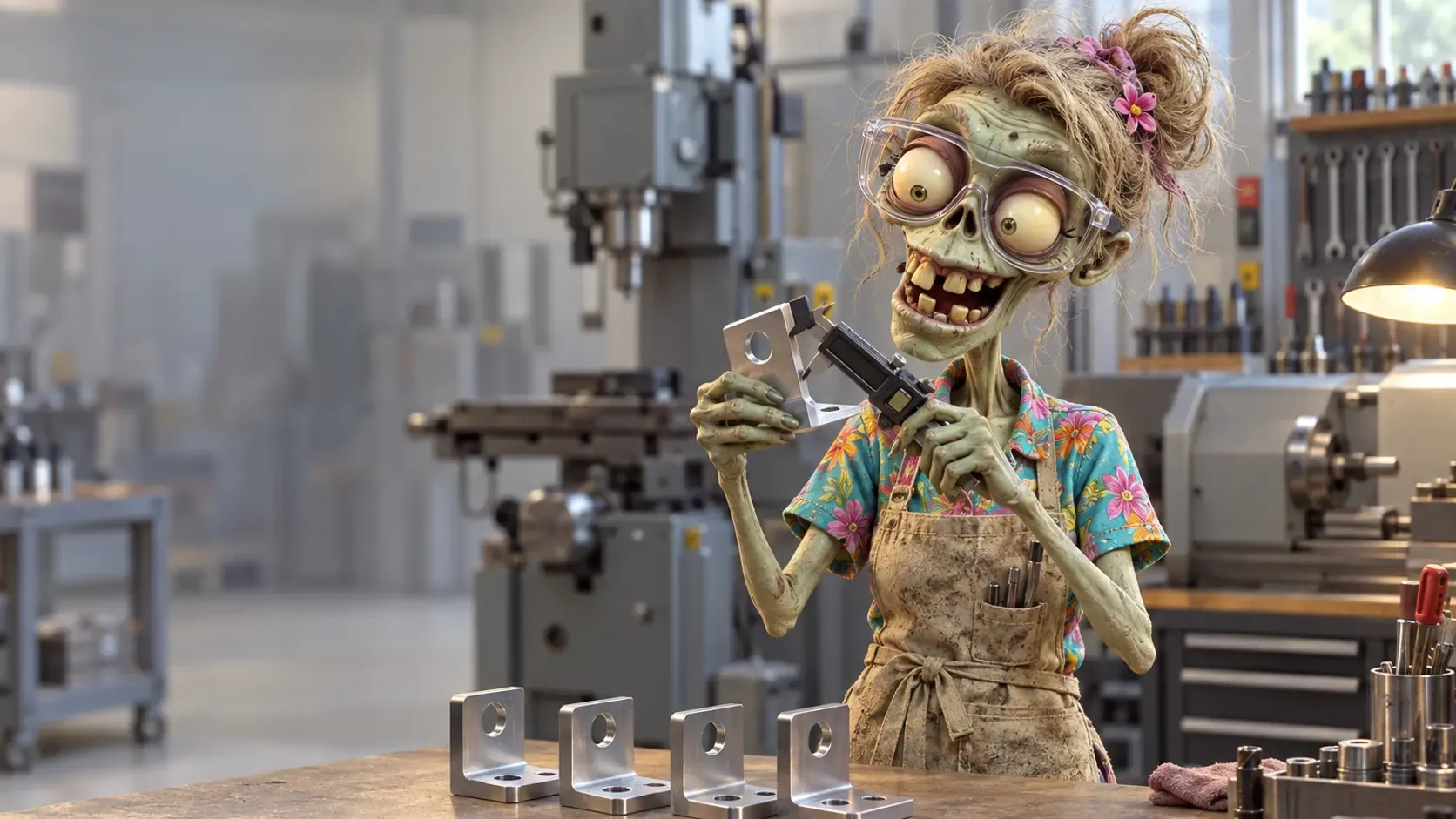 An Ad Zombies zombie machinist in safety glasses holding up a machined steel bracket with calipers in a machine shop