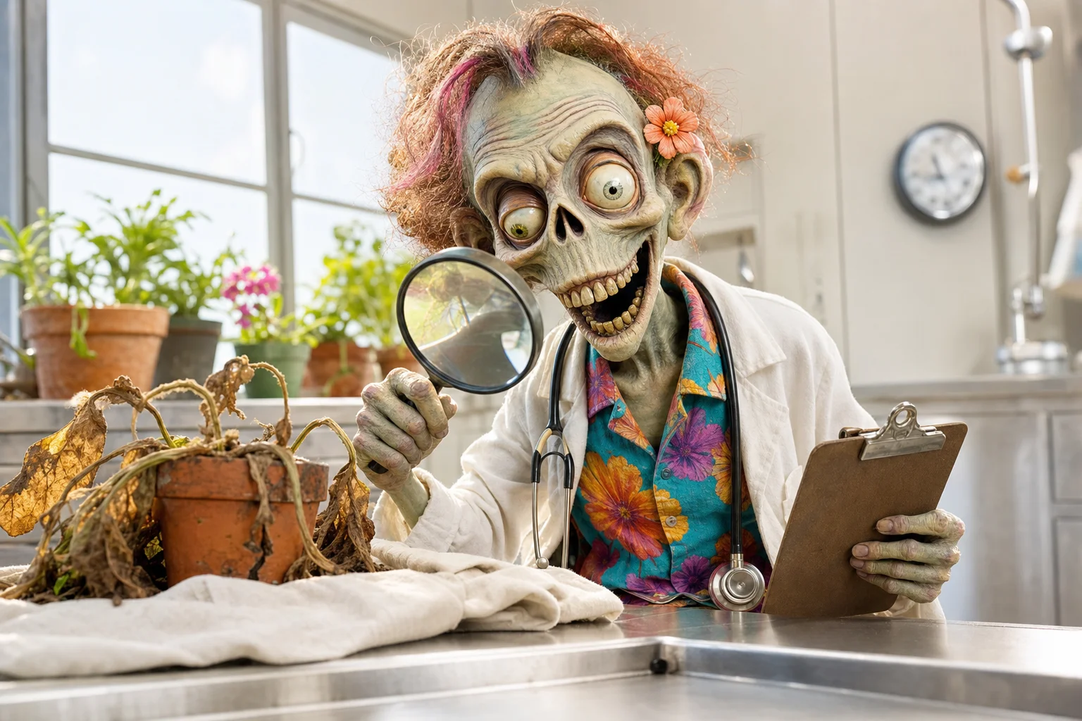 An Ad Zombies zombie examiner in a lab coat over a floral shirt, magnifying glass and clipboard in hand, performing an autopsy on a dead wilted potted plant on a stainless steel table while healthy plants thrive on the windowsill behind him