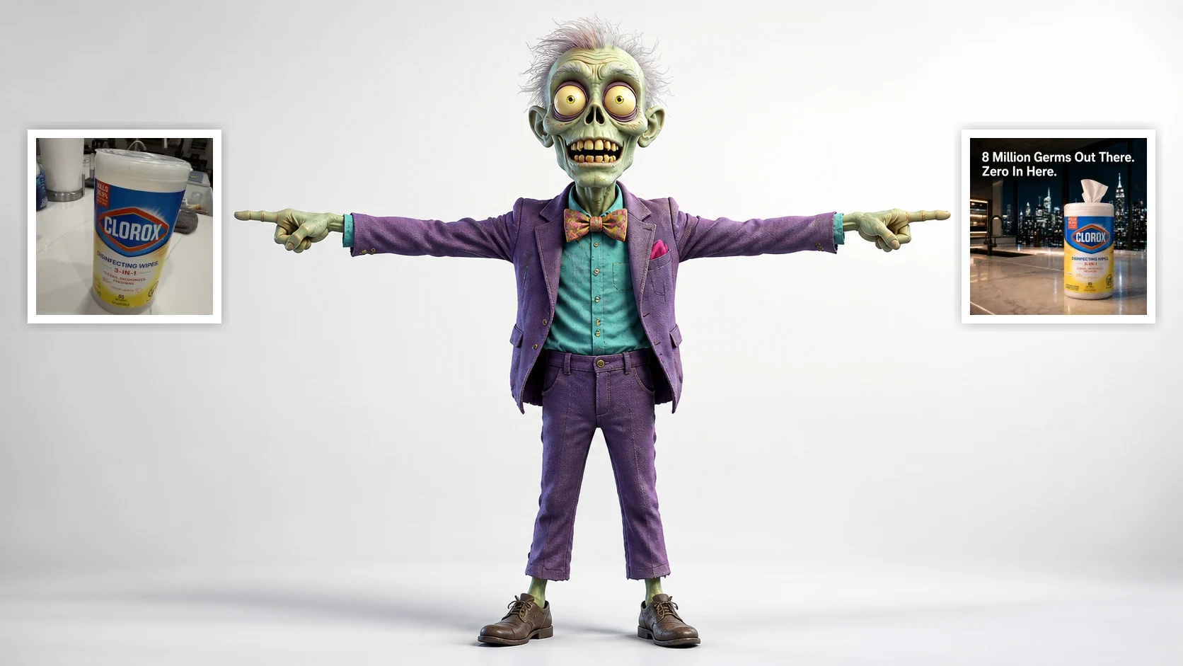 An Ad Zombies zombie with arms flung wide, pointing left at a rough phone snapshot of a Clorox wipes canister on a messy counter and right at the finished Instagram ad made from it