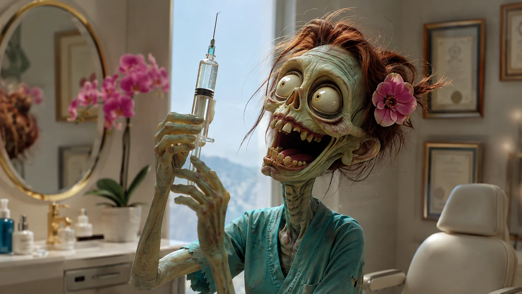 An Ad Zombies zombie plastic surgeon in scrubs, gleefully inspecting a syringe of dermal filler in a bright cosmetic surgery consultation room