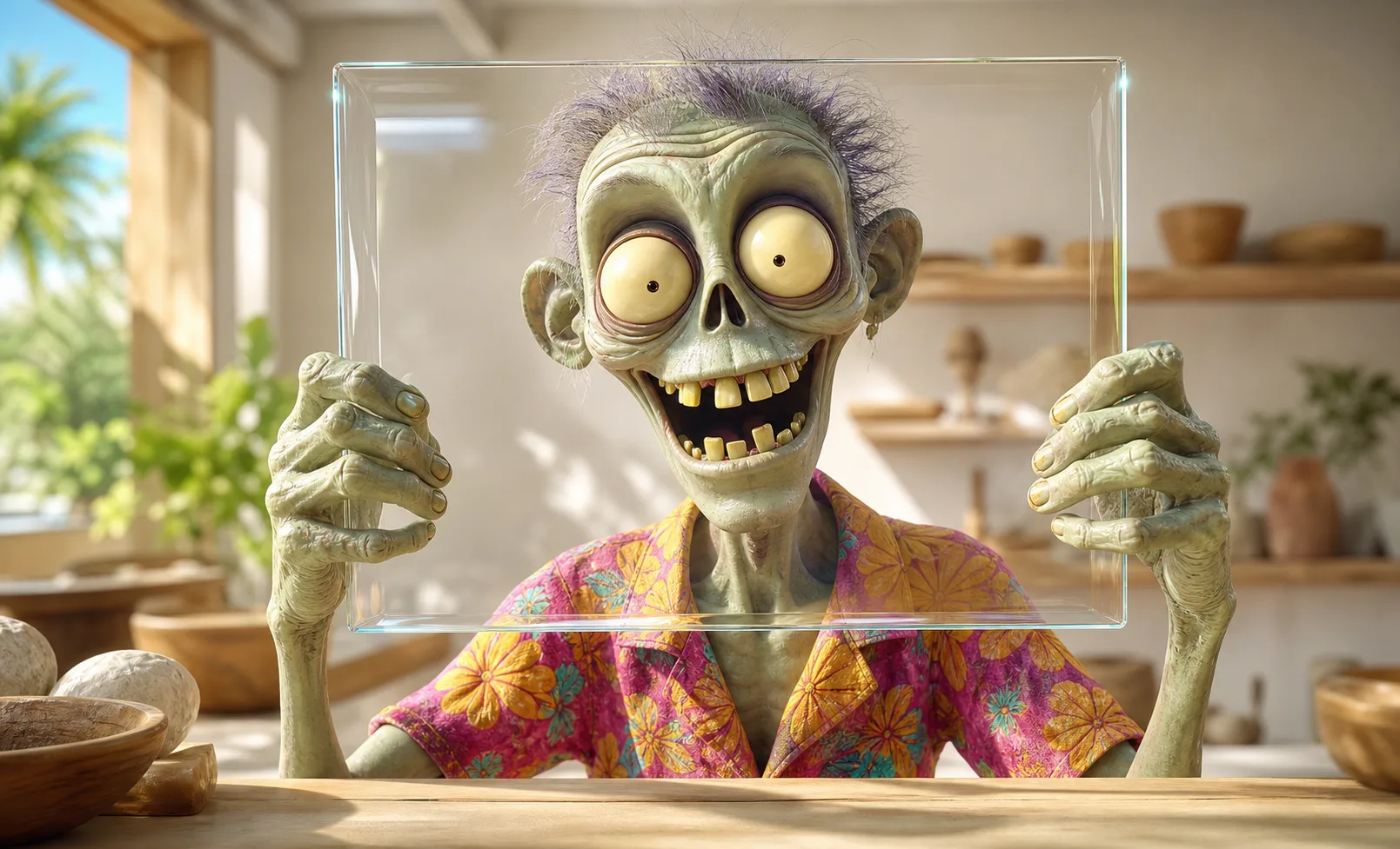 An Ad Zombies zombie shopkeeper holding a large sheet of perfectly clear glass in front of his face, grinning straight through it — transparent pricing, nothing hidden