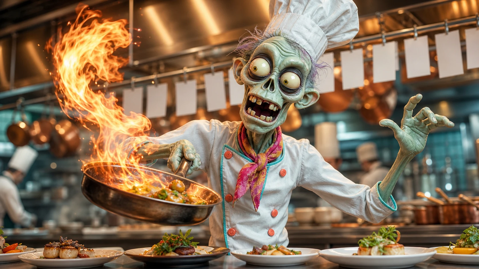 An Ad Zombies zombie chef flambeing a pan in a busy restaurant kitchen, plated dishes lined up on the pass