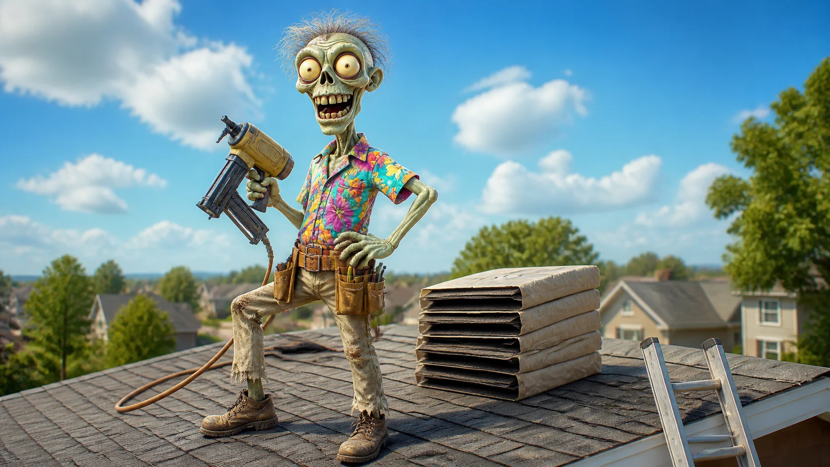 An Ad Zombies zombie roofer standing on a residential asphalt-shingle roof, nail gun in hand, a stack of shingle bundles and a ladder beside him