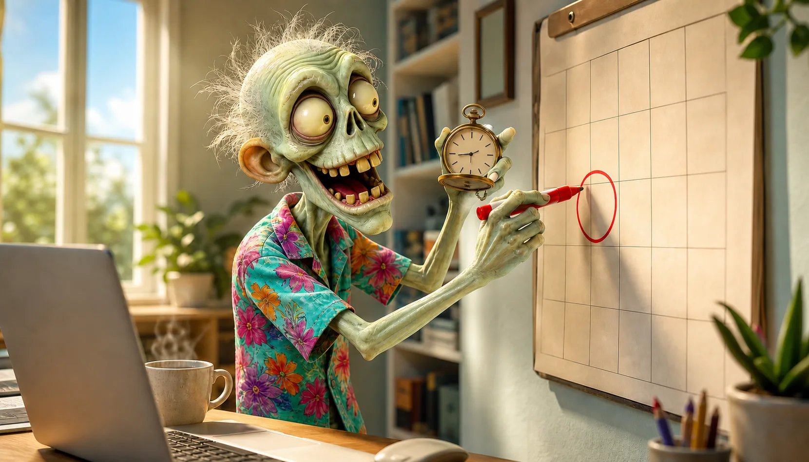 An Ad Zombies zombie eagerly circling a date on a wall calendar, pocket watch in hand, ready for a meeting