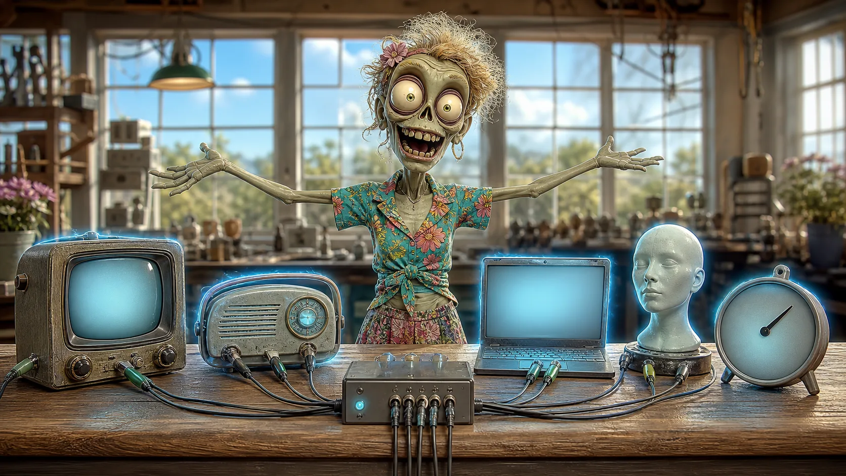 An Ad Zombies zombie technician reviving a whole workbench of dead objects at once — an old television, a radio, a laptop, a mannequin head — each wired to a console and glowing faintly back to life