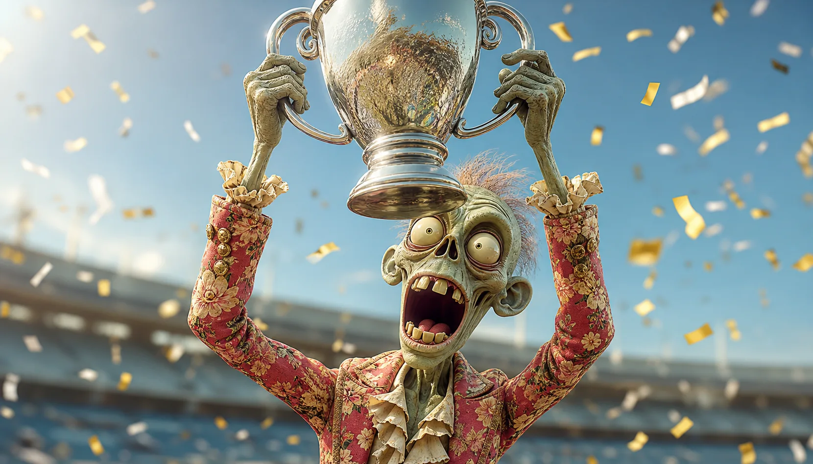An Ad Zombies zombie in a floral dinner jacket hoisting an enormous silver trophy overhead on a sunlit stadium field as confetti falls
