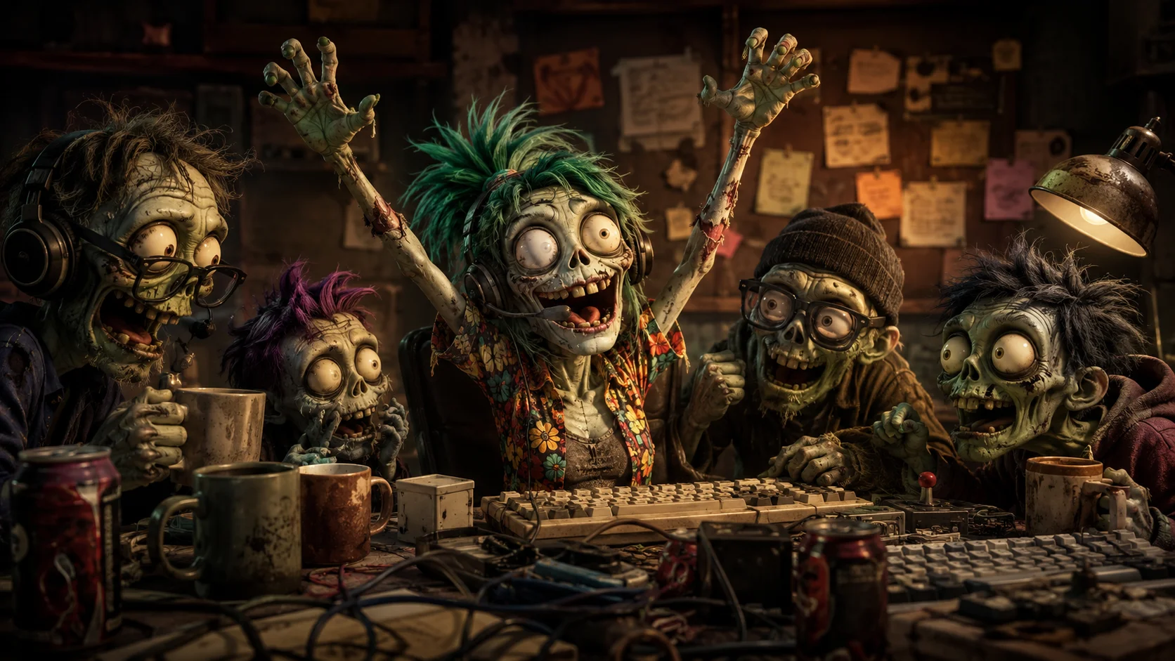 A crew of Ad Zombies web developers crowded around a cluttered desk of keyboards and cables, resurrecting a website together