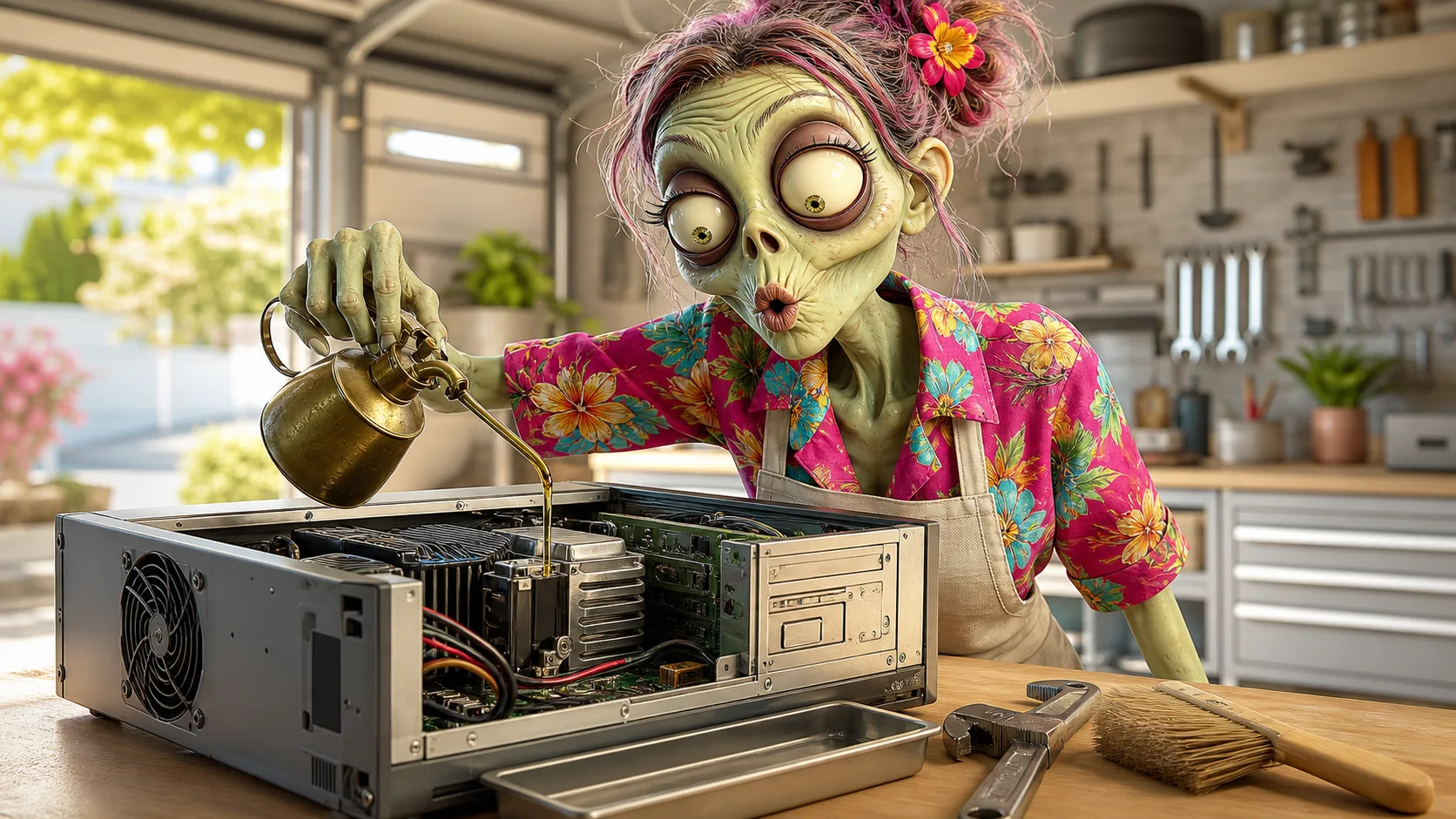 An Ad Zombies zombie mechanic cheerfully performing routine maintenance on an open desktop computer laid out like a car engine, tipping a small brass oil can into it